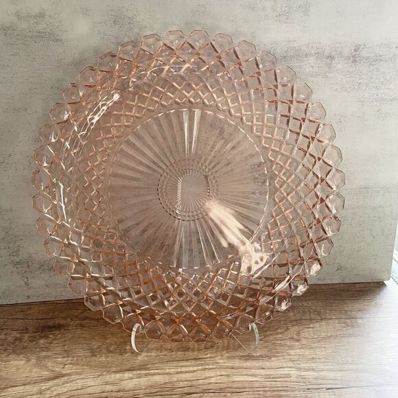 Vintage Anchor Hocking Waterford Waffle Depression Glass Pink Cake Plate 14" - Picture 3 of 5